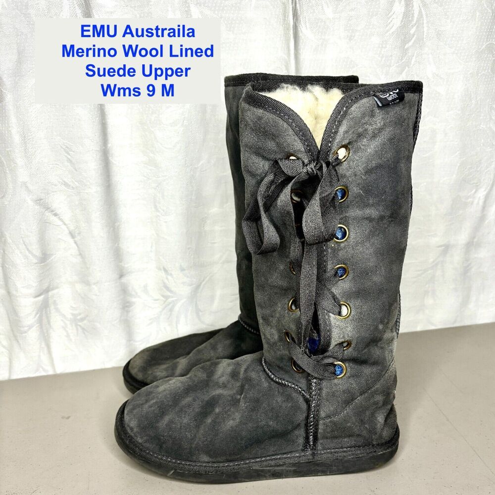 EMU Australia Stephanie Gray Suede Merino Wool Lined Winter Boots Women's Size 9